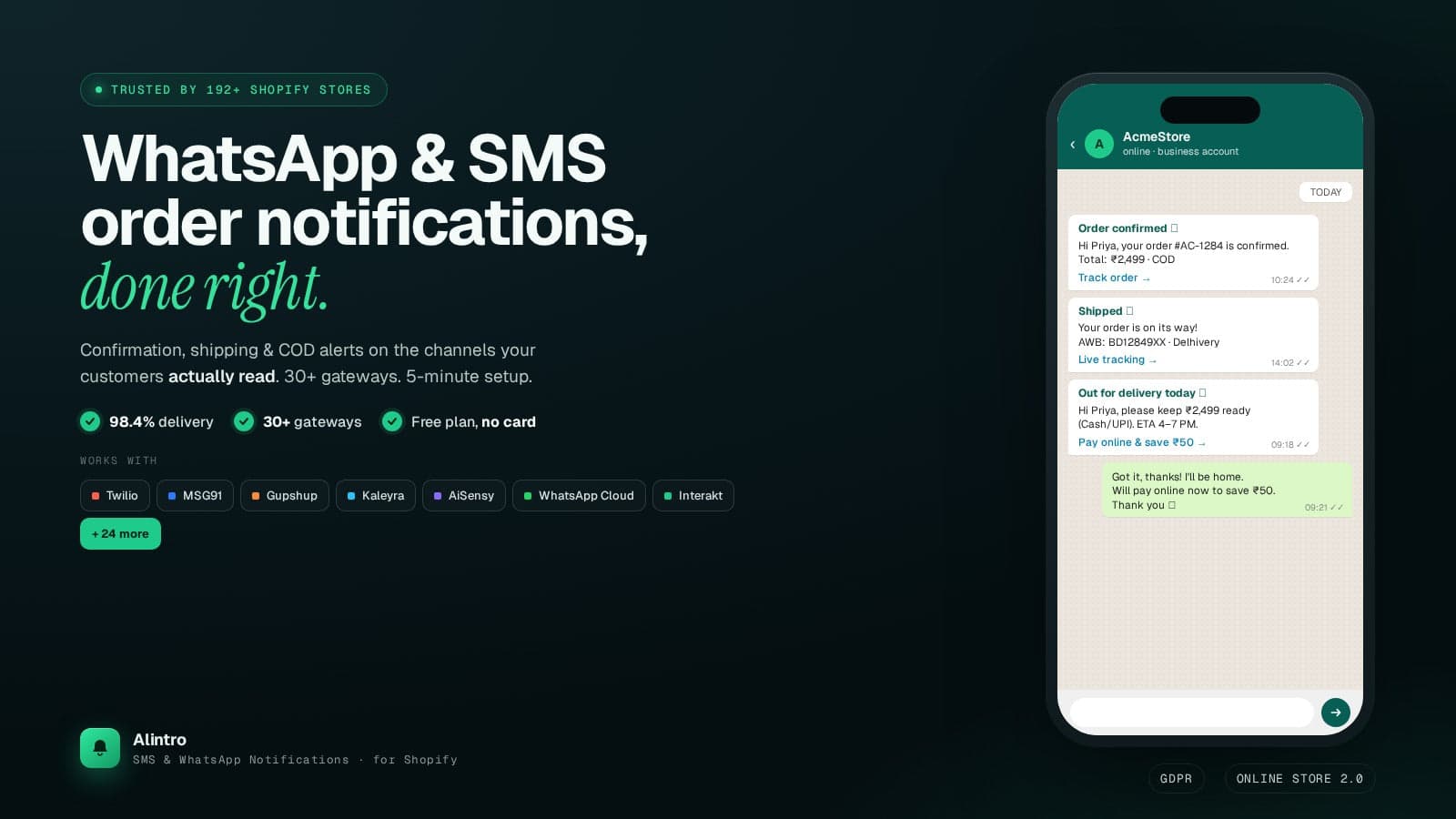 Shopify WhatsApp & SMS notifications: order, shipping, COD