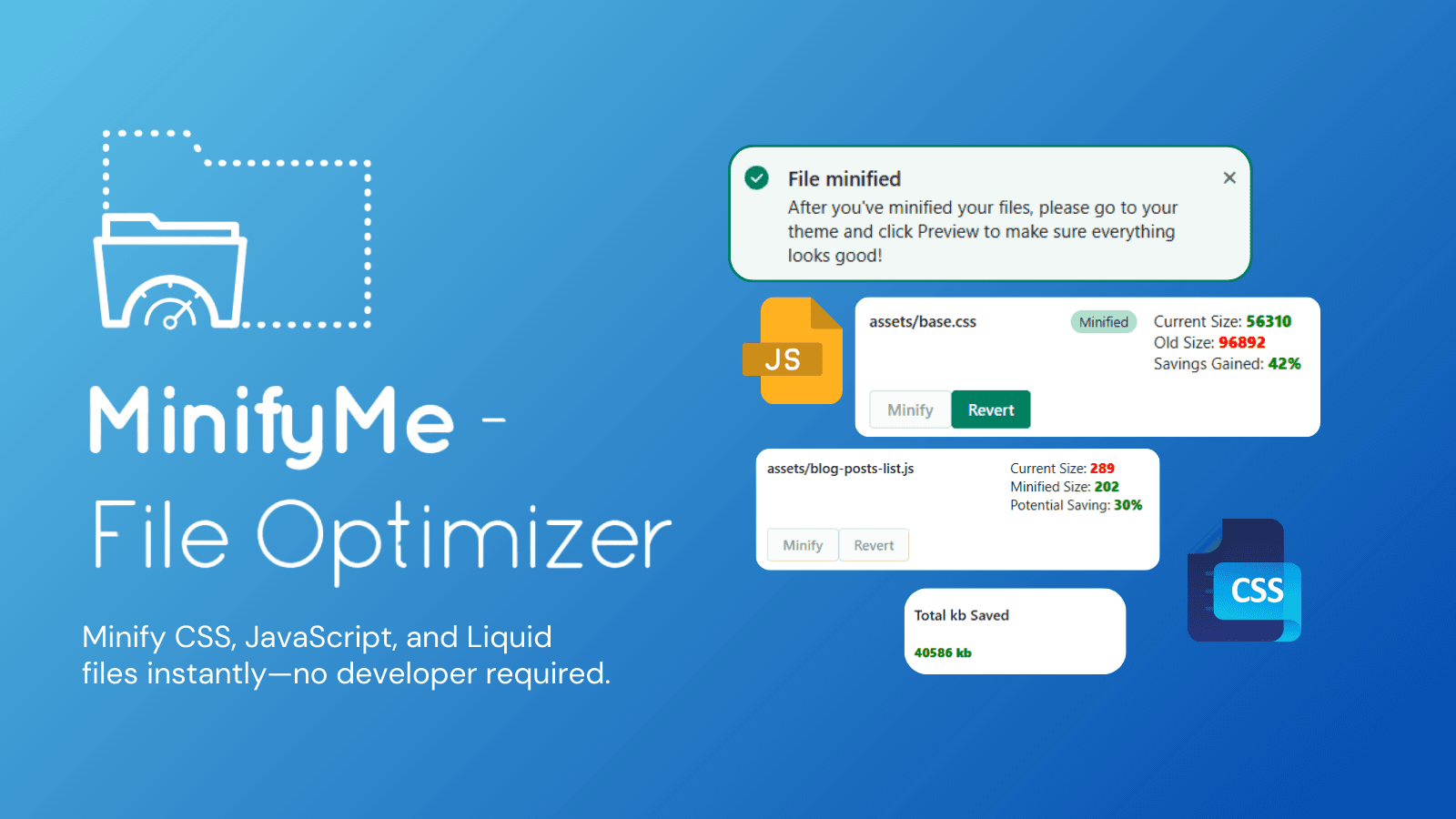 MinifyMe File Optimizer reducing CSS and JS file sizess