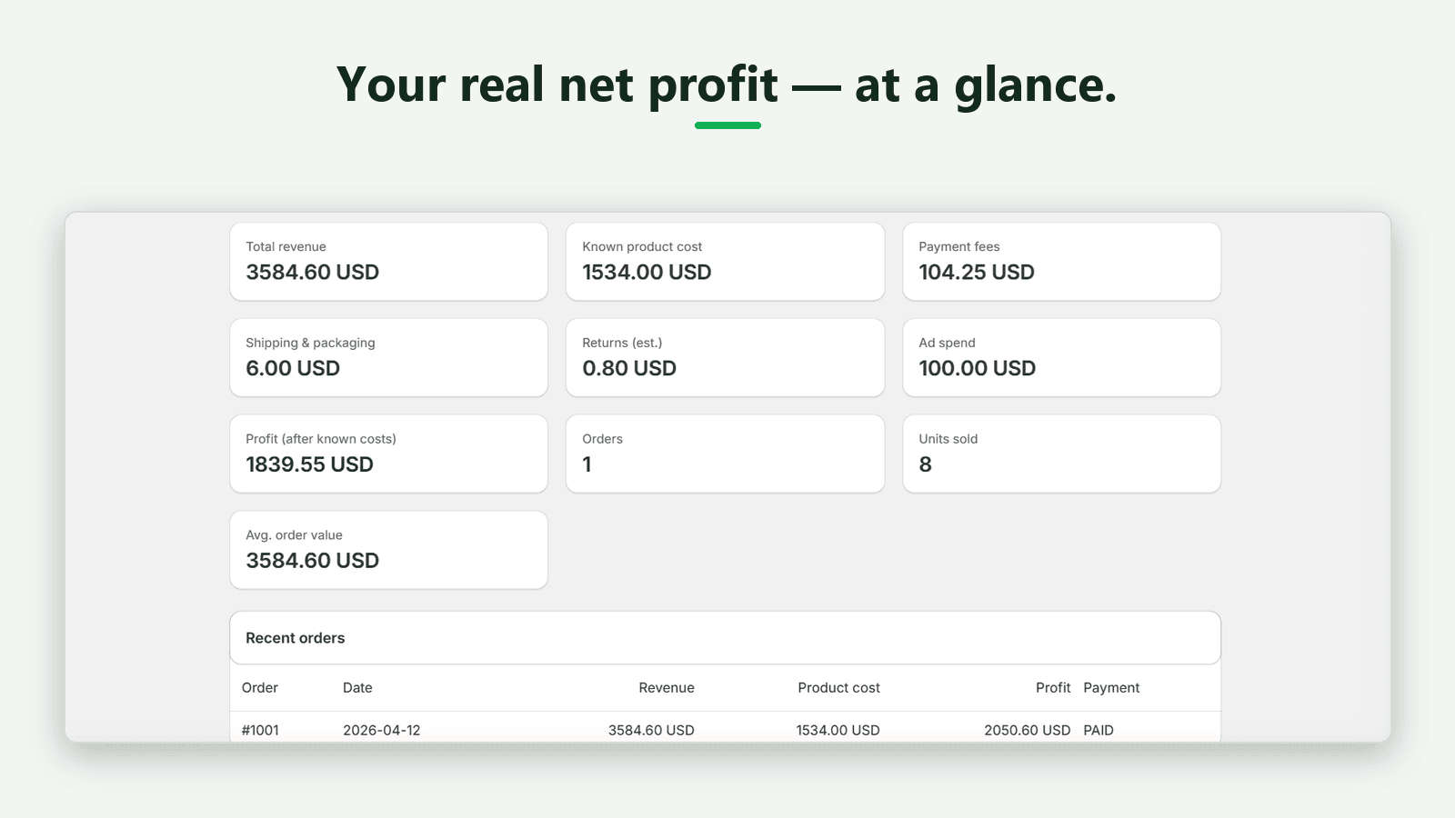 Profit Pilot dashboard showing your real net profit at a glance