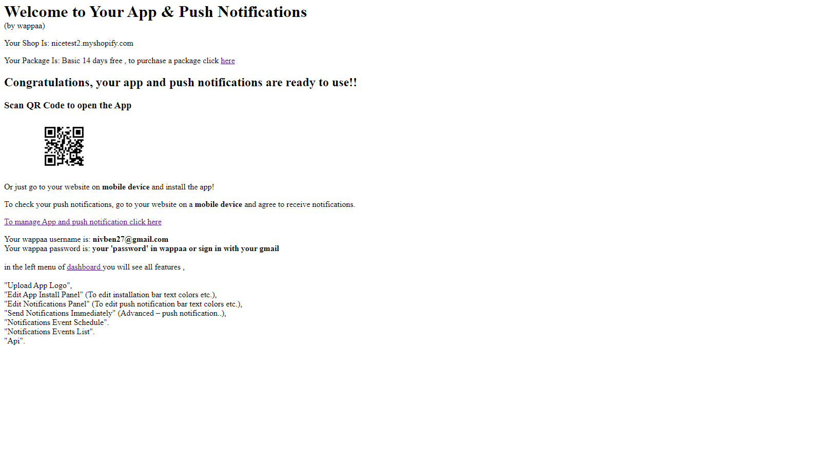 main screen after install, here you can see if your app is ready