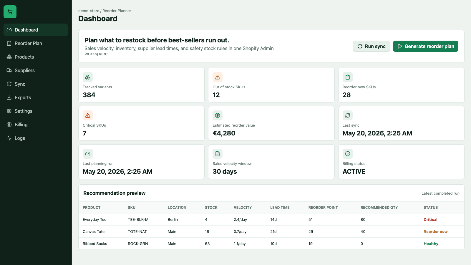 Reorder planning dashboard preview