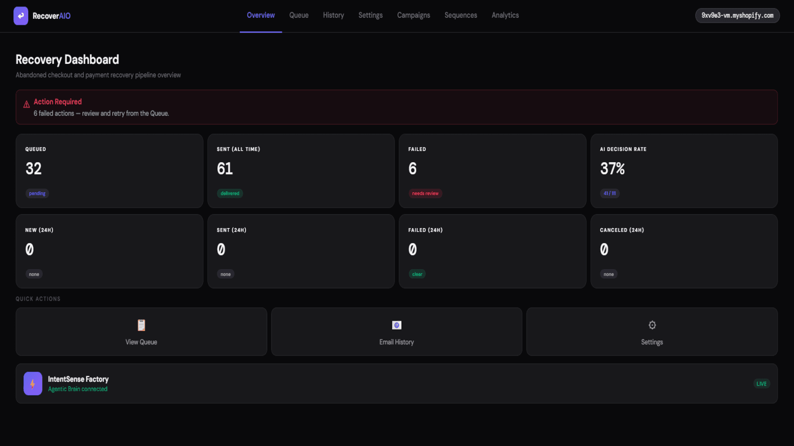AI agent overview with recovery score and decision reasoning