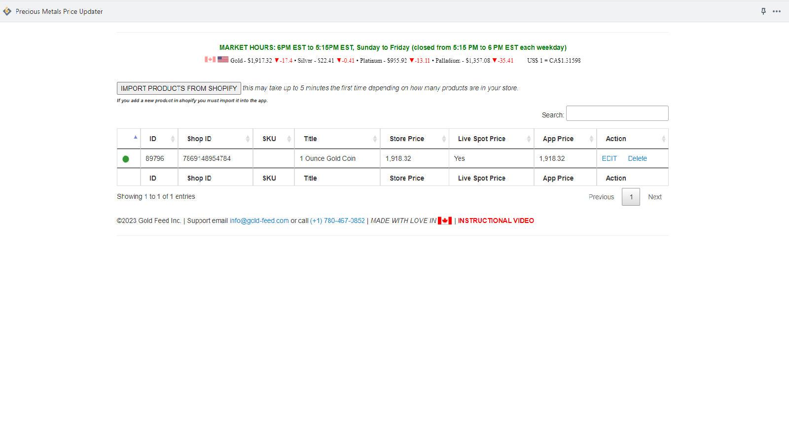 List of products imported to the app for spot configuration.
