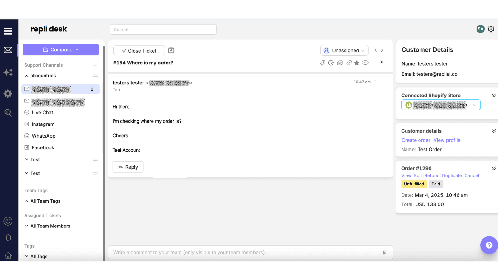 Repli Desk showing an email with an customer support reply