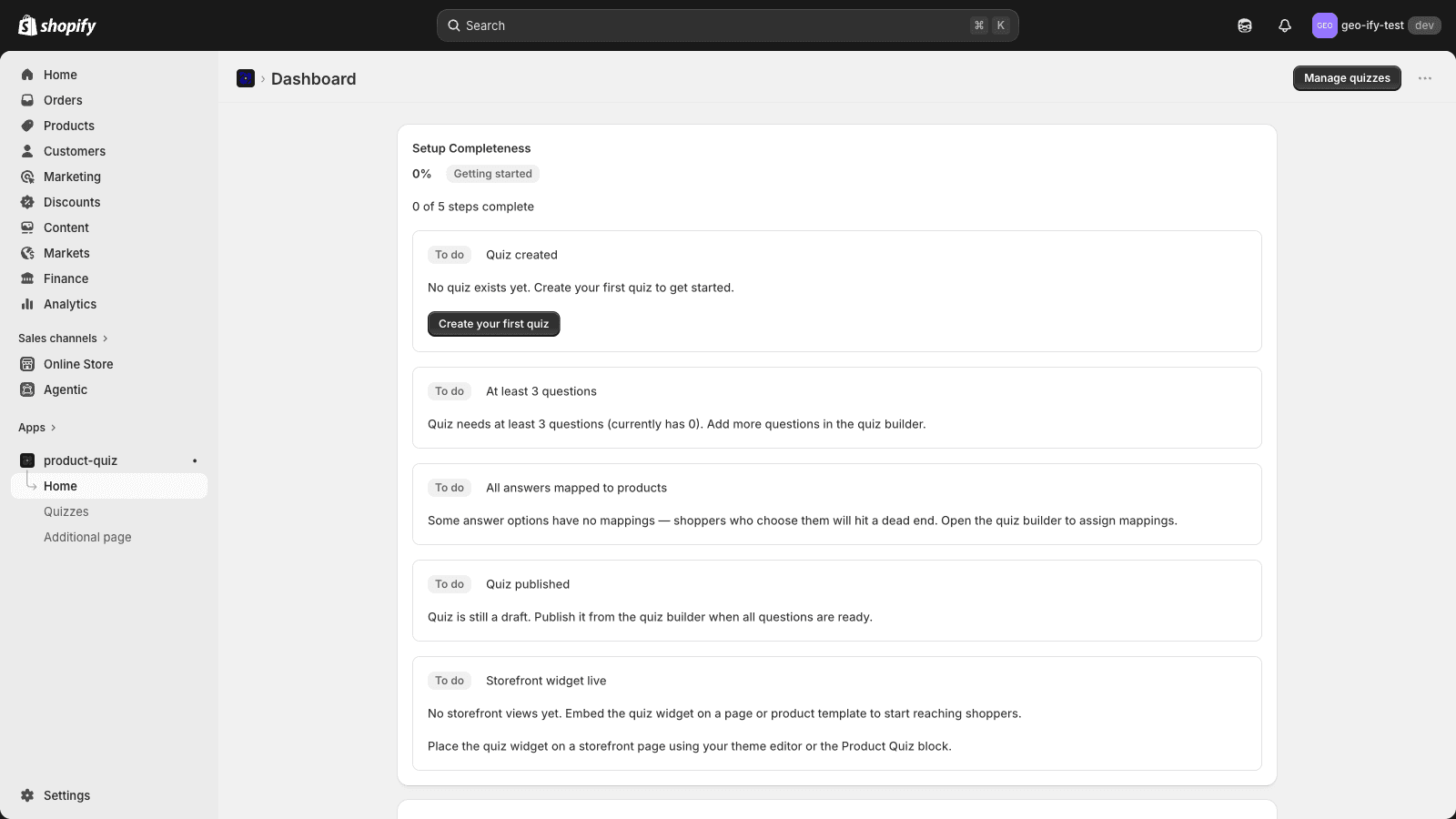 Product Quiz embedded admin dashboard showing Setup Completeness