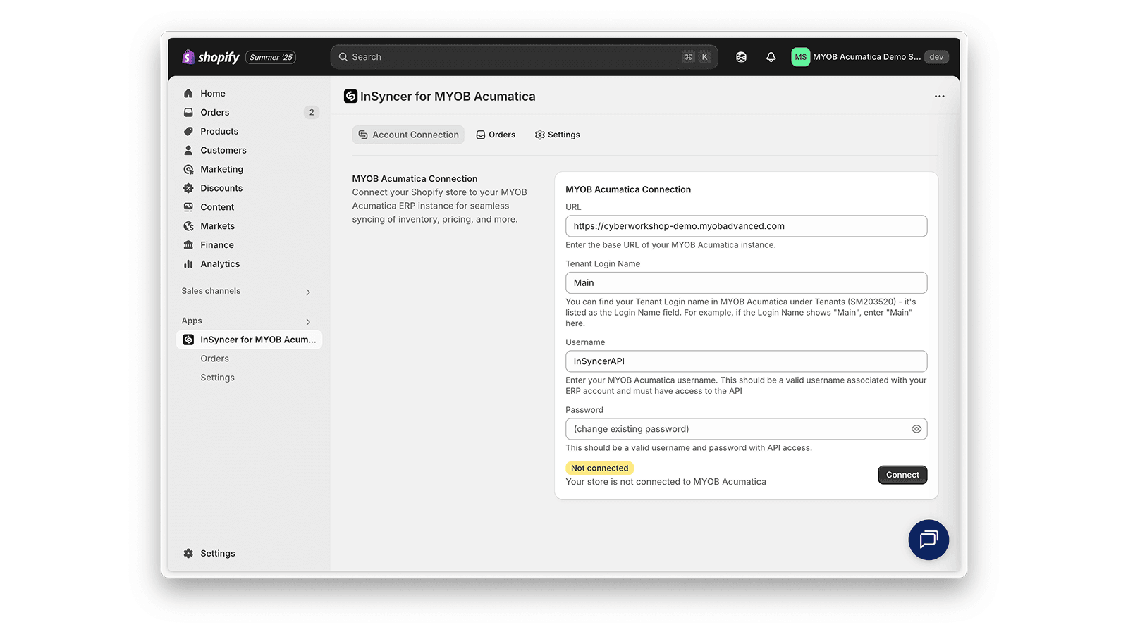 MYOB Acumatica Shopify integration setup ERP connection page
