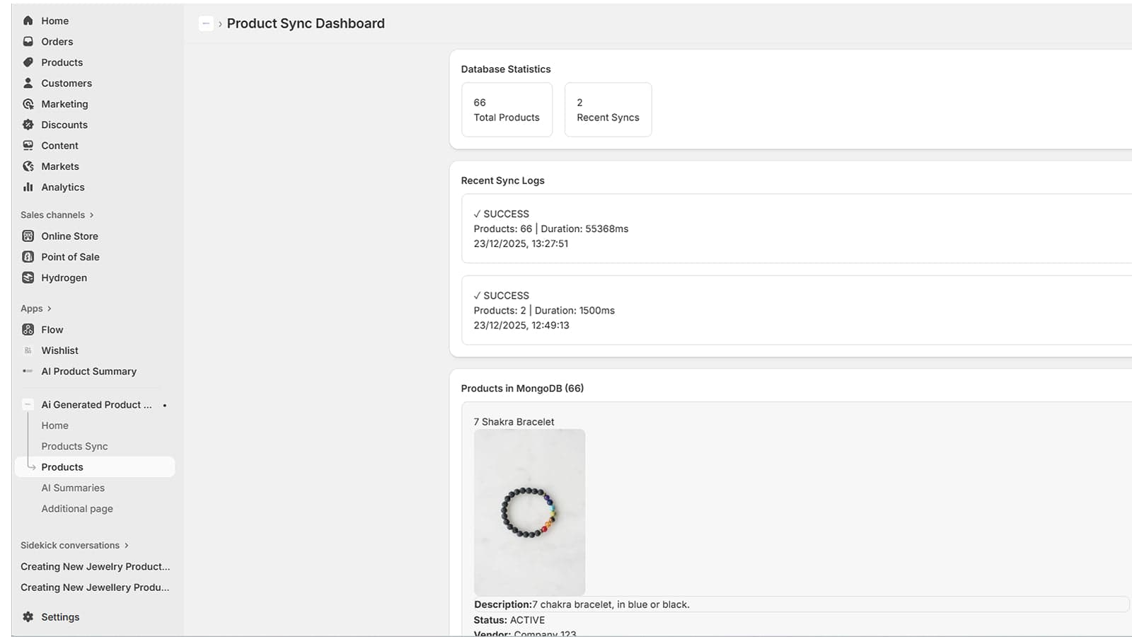 Product sync dashboard showing stored Shopify product data