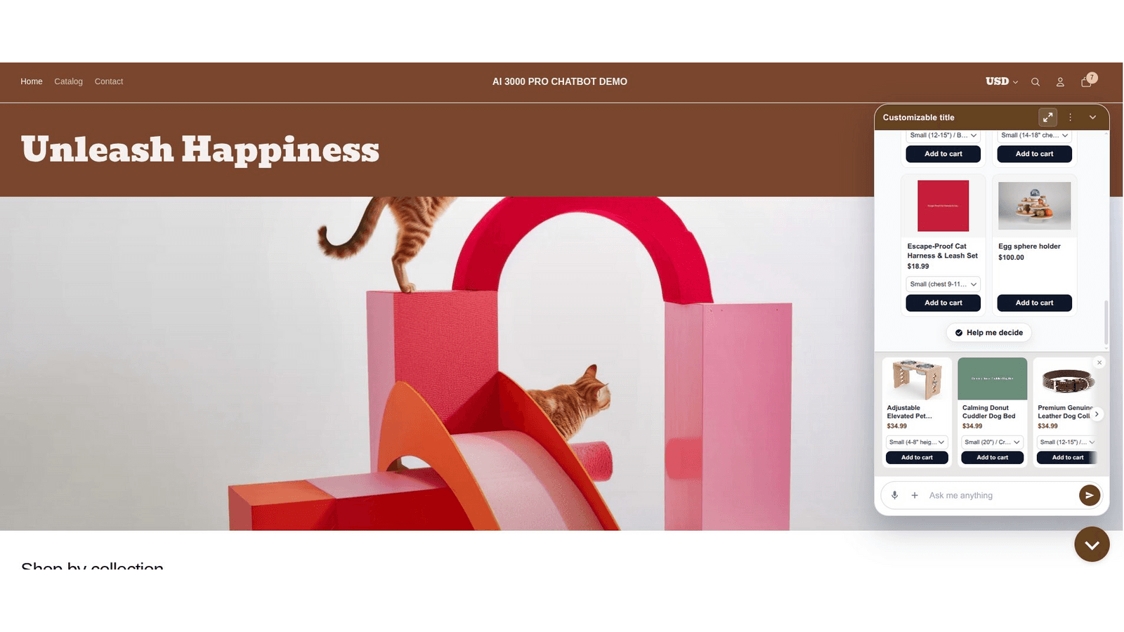 AI chat with product cards, add to cart, and Help Me Decide