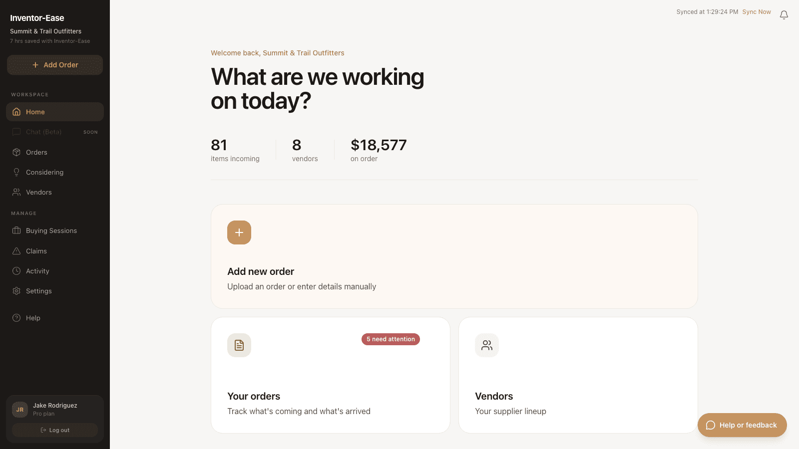 Invoe dashboard for incoming inventory
