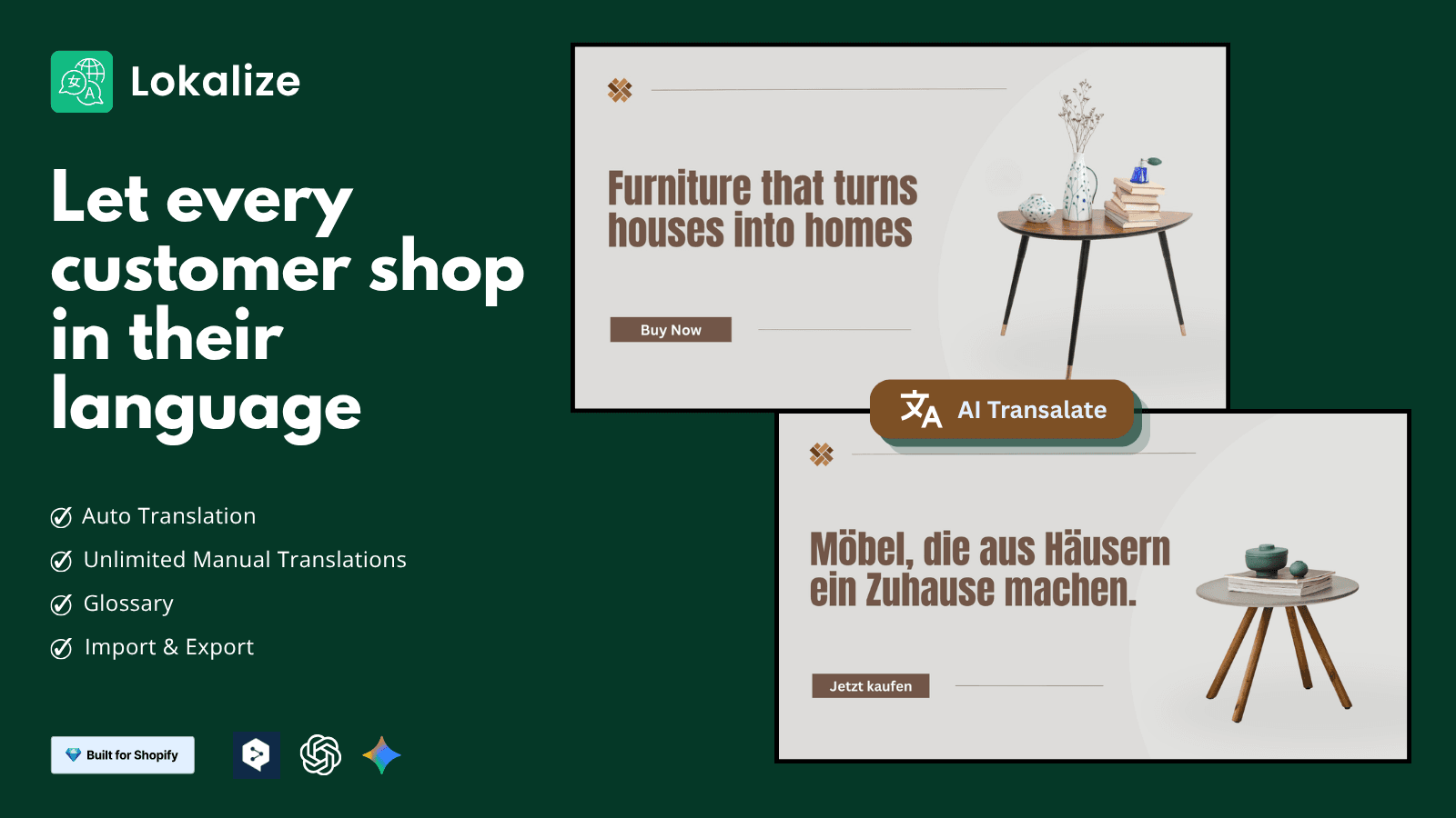 Lokalize Shopify AI translation app - translate language with AI