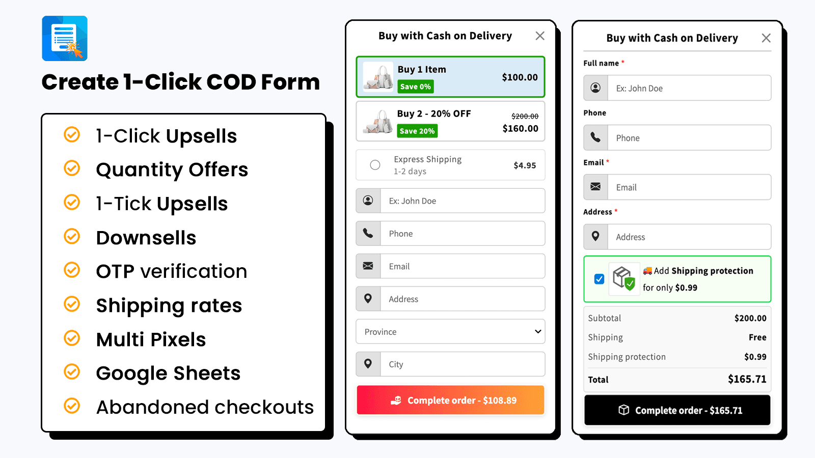 cod order form with upsells, downsells, quantity offers, OTP