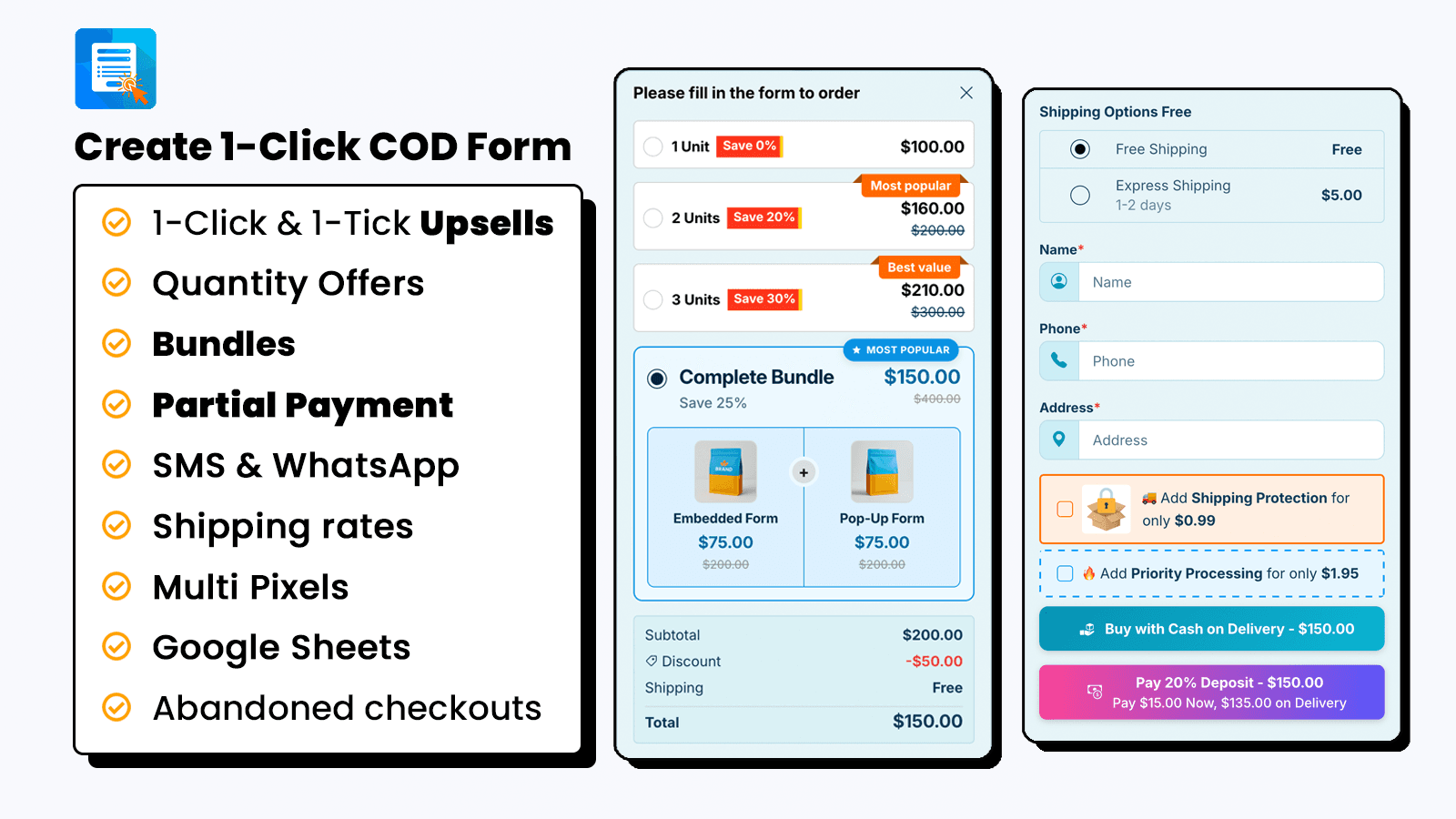 cod order form with upsells, bundles, quantity offers, OTP