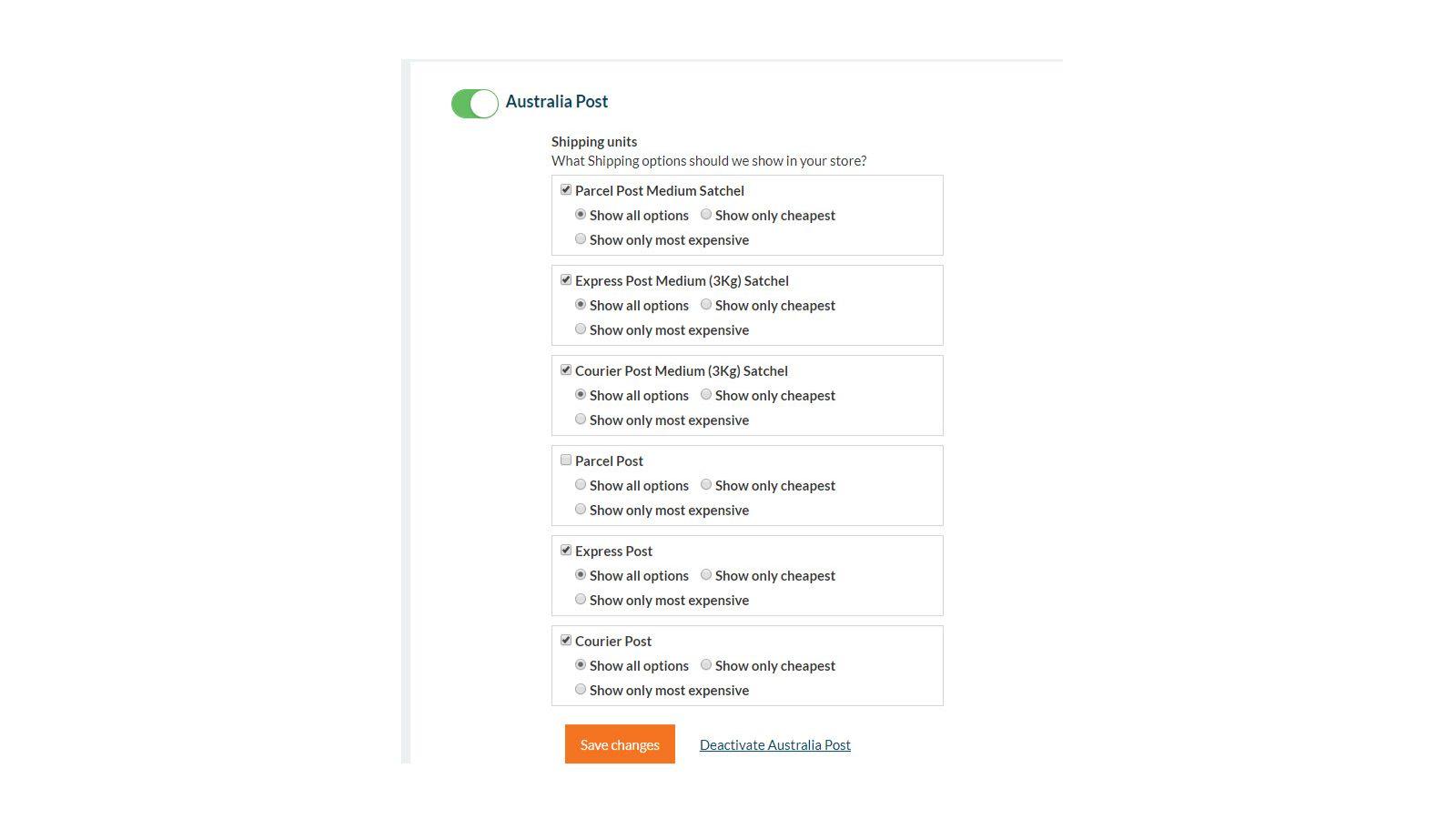 Australia Post shipping options