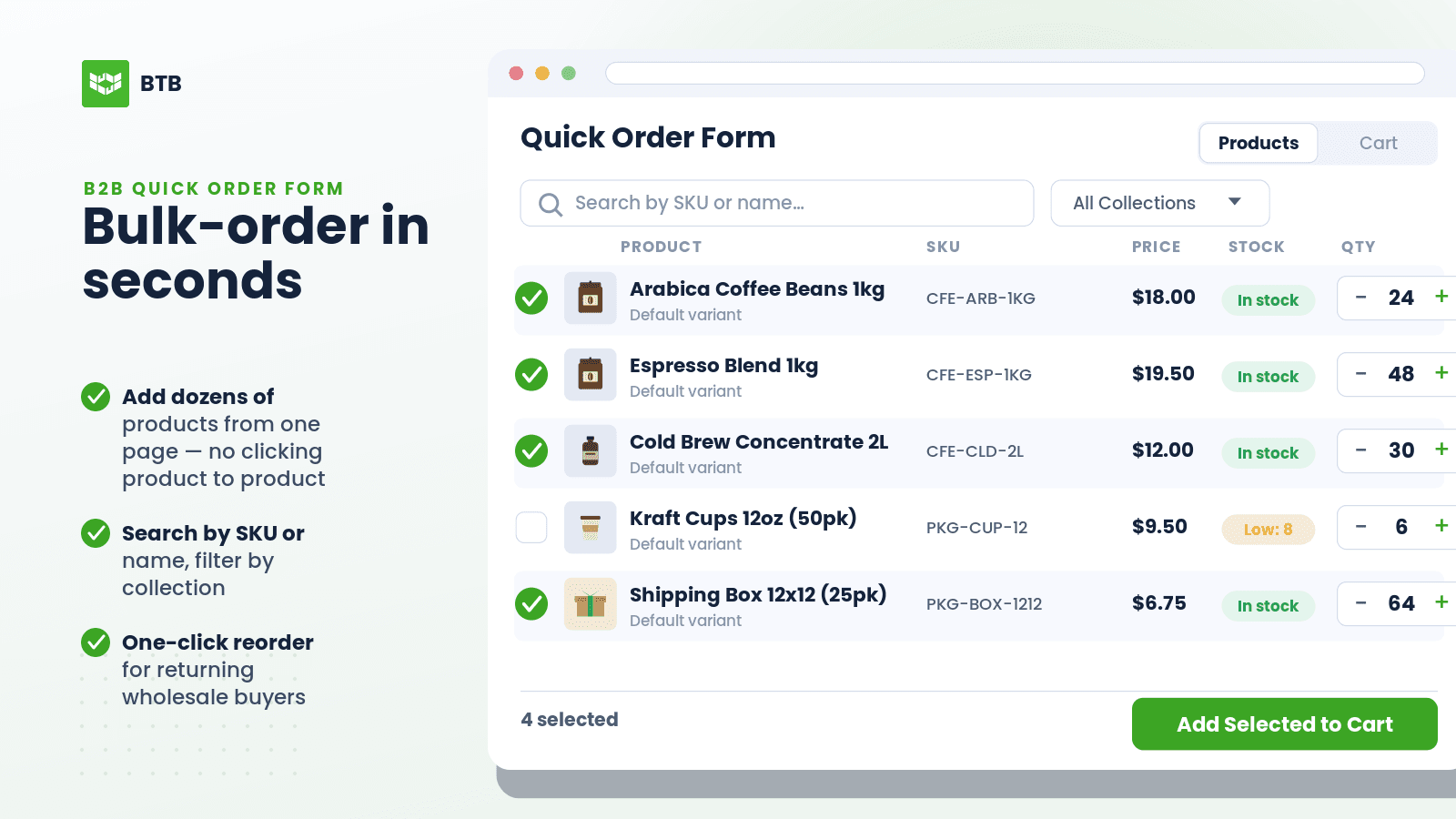B2B quick order form grid — search products by SKU and bulk-add