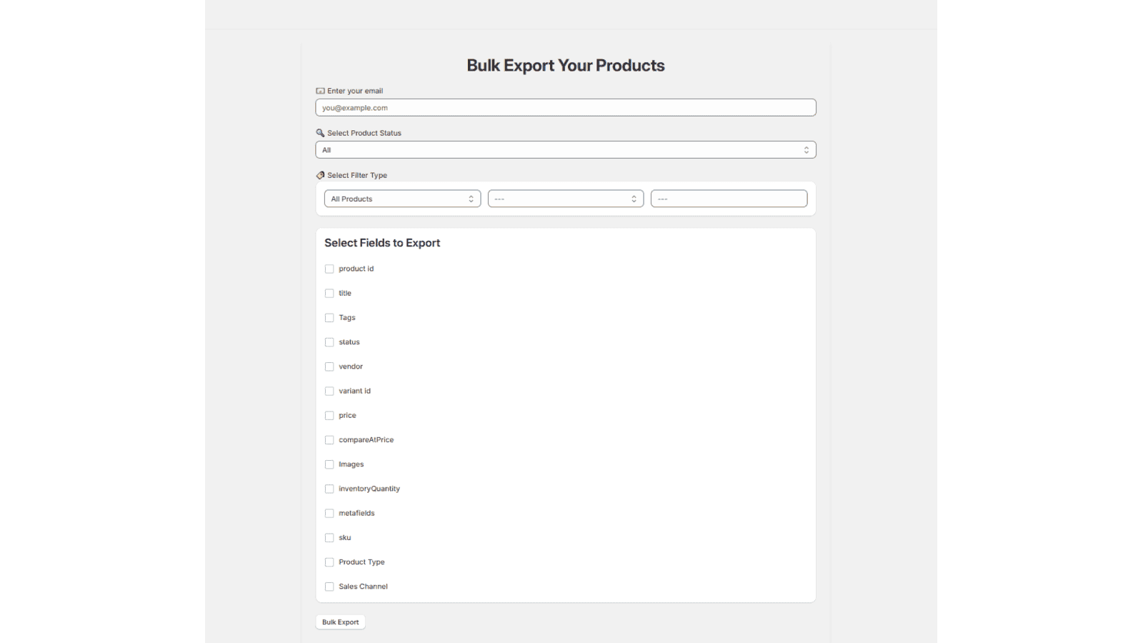 Bulk export form with email, filters, and field selection.