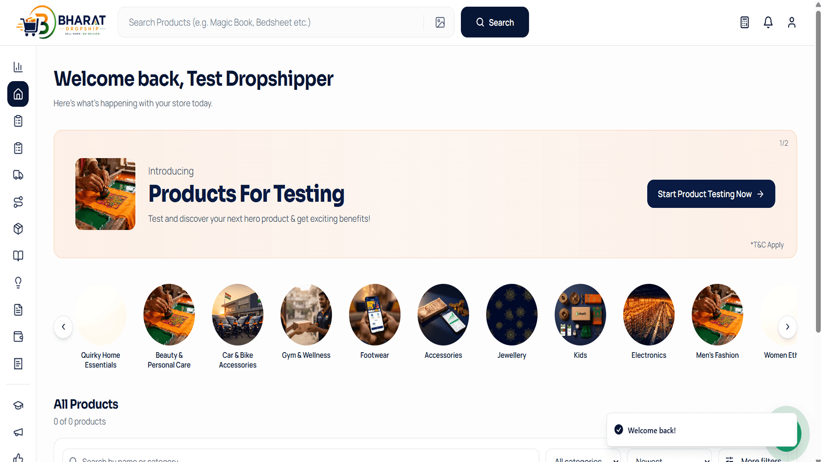 Bharat Dropship merchant dashboard showing products and categori