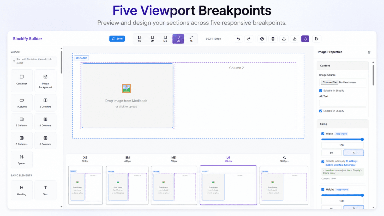 Five viewport breakpoints from mobile to fullscreen