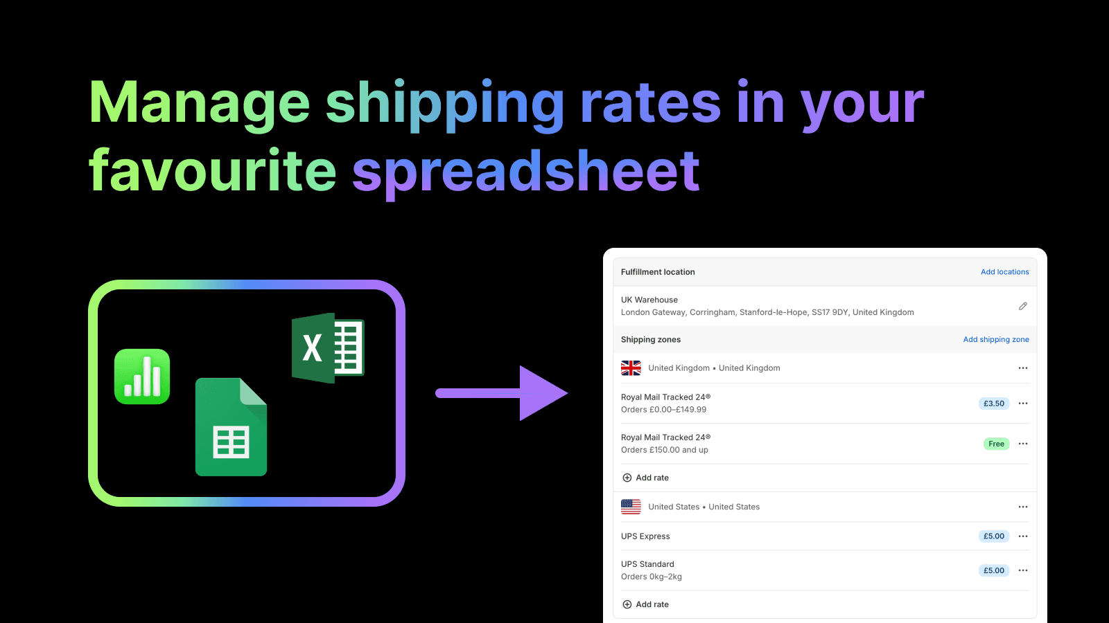 Shipping rate management app with CSV spreadsheet import feature