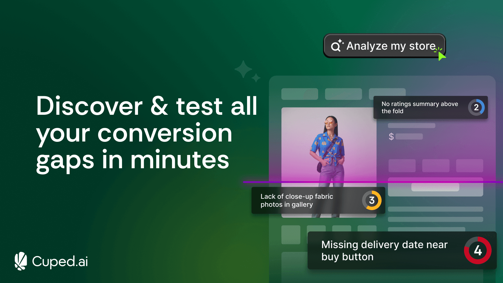 Cuped.ai CRO analyzing a store, identifying gaps, and testing.
