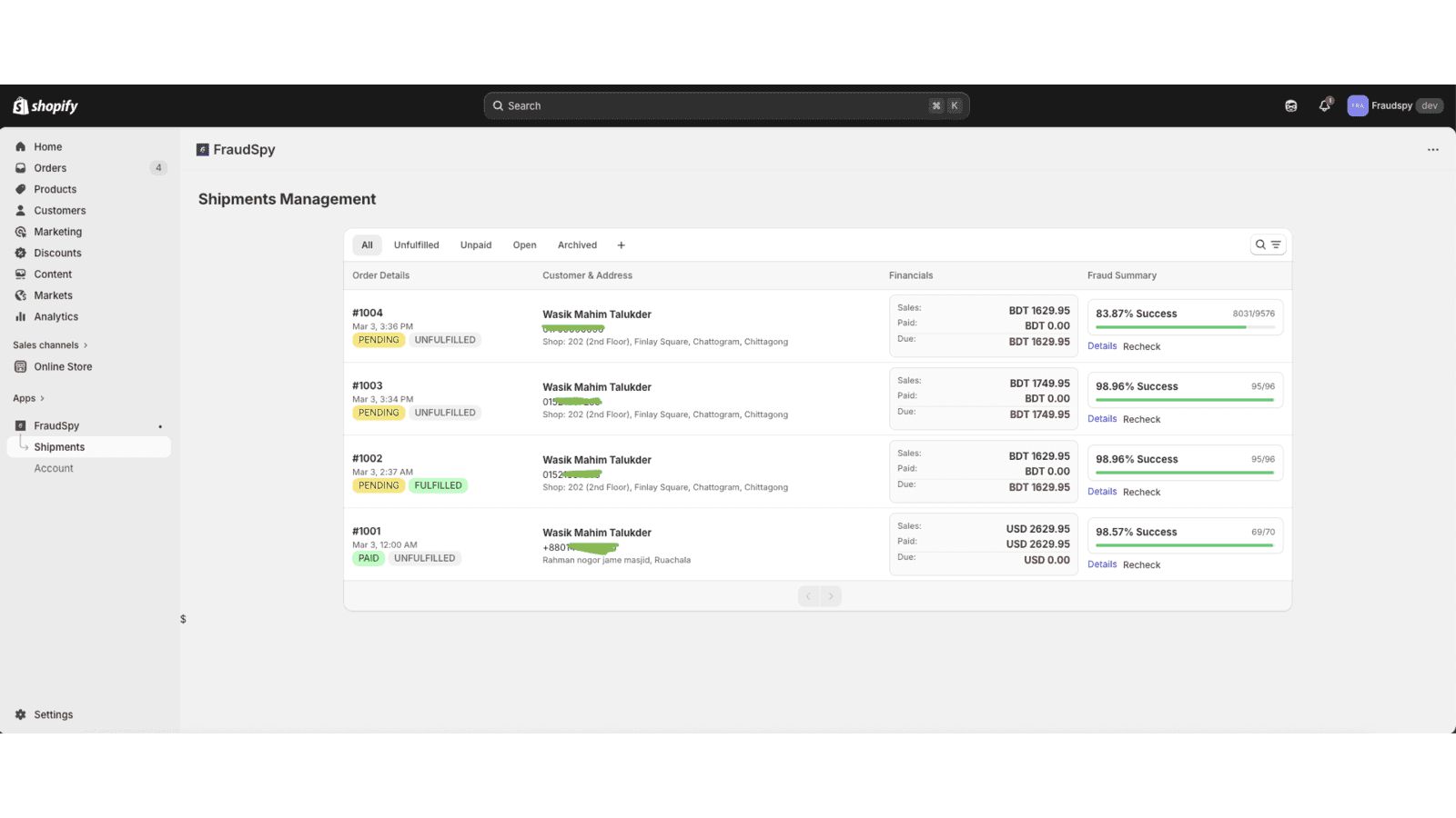 FraudSpy Shipment Page Dashboard