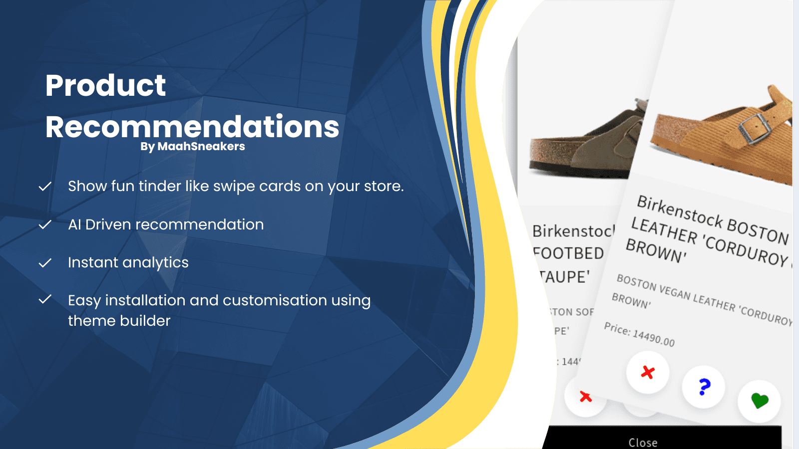 Product Recommendation by maahsneaker. AI Driven swipe cards.