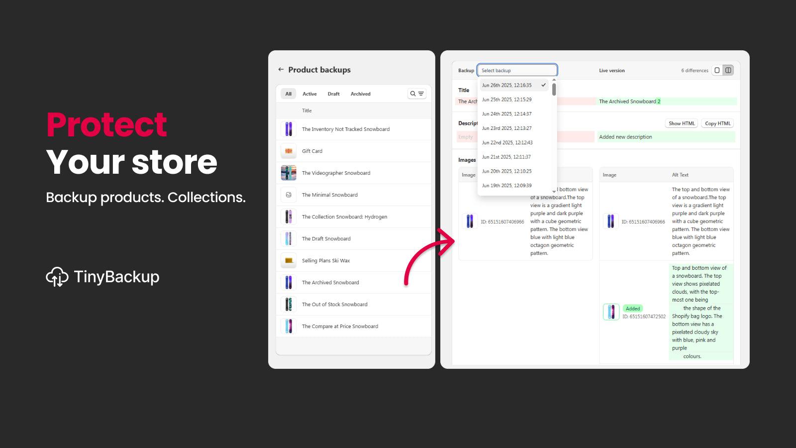 Backup your store's products, collections, pages & articles.