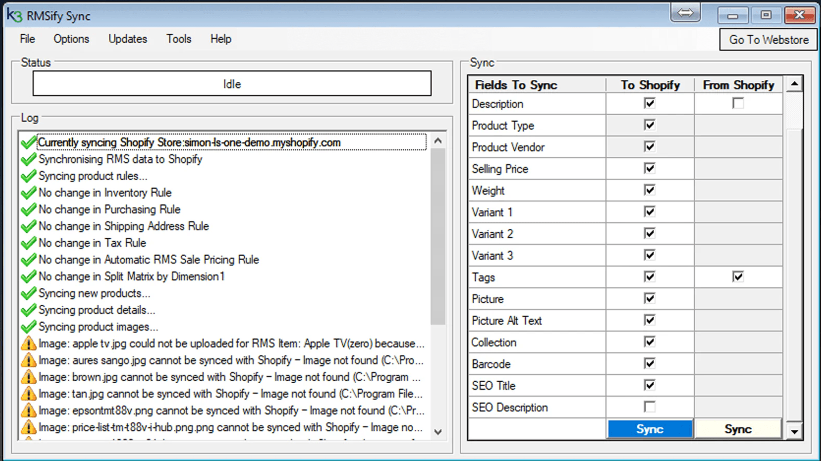 Main RMSify Sync Screen