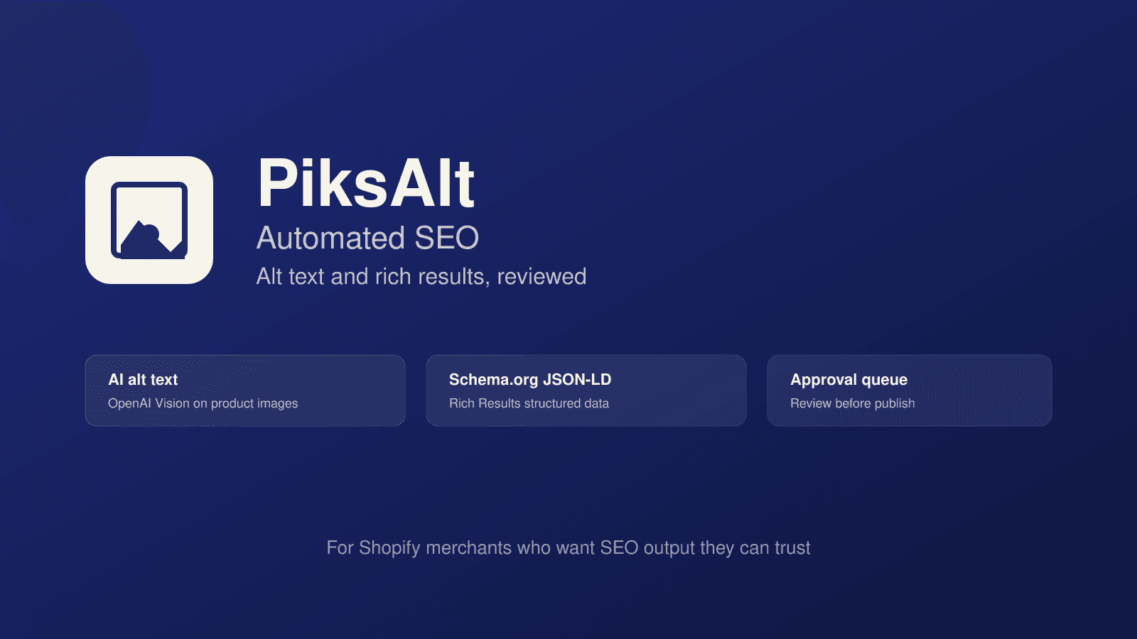 PiksAlt: AI alt text, JSON-LD, and merchant approval queue