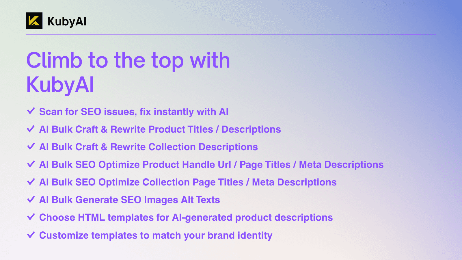KubyAI SEO: Optimize all your store, meta titles & descriptions