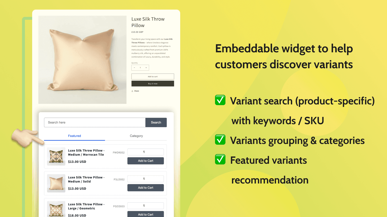 Shopify variant search, variant category, featured variant.