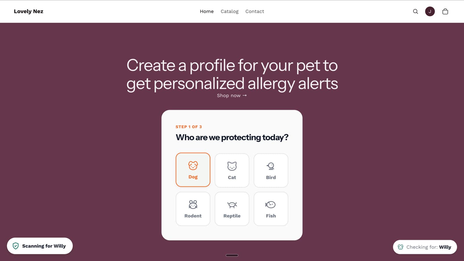 Pet allergy setup wizard on your store's landing page