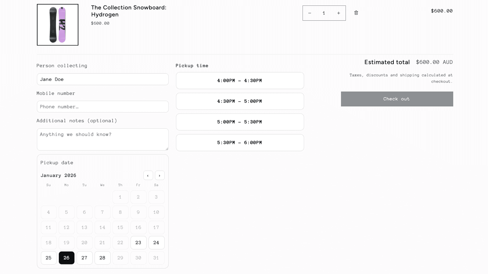 Cart calendar requiring pickup date before checkout