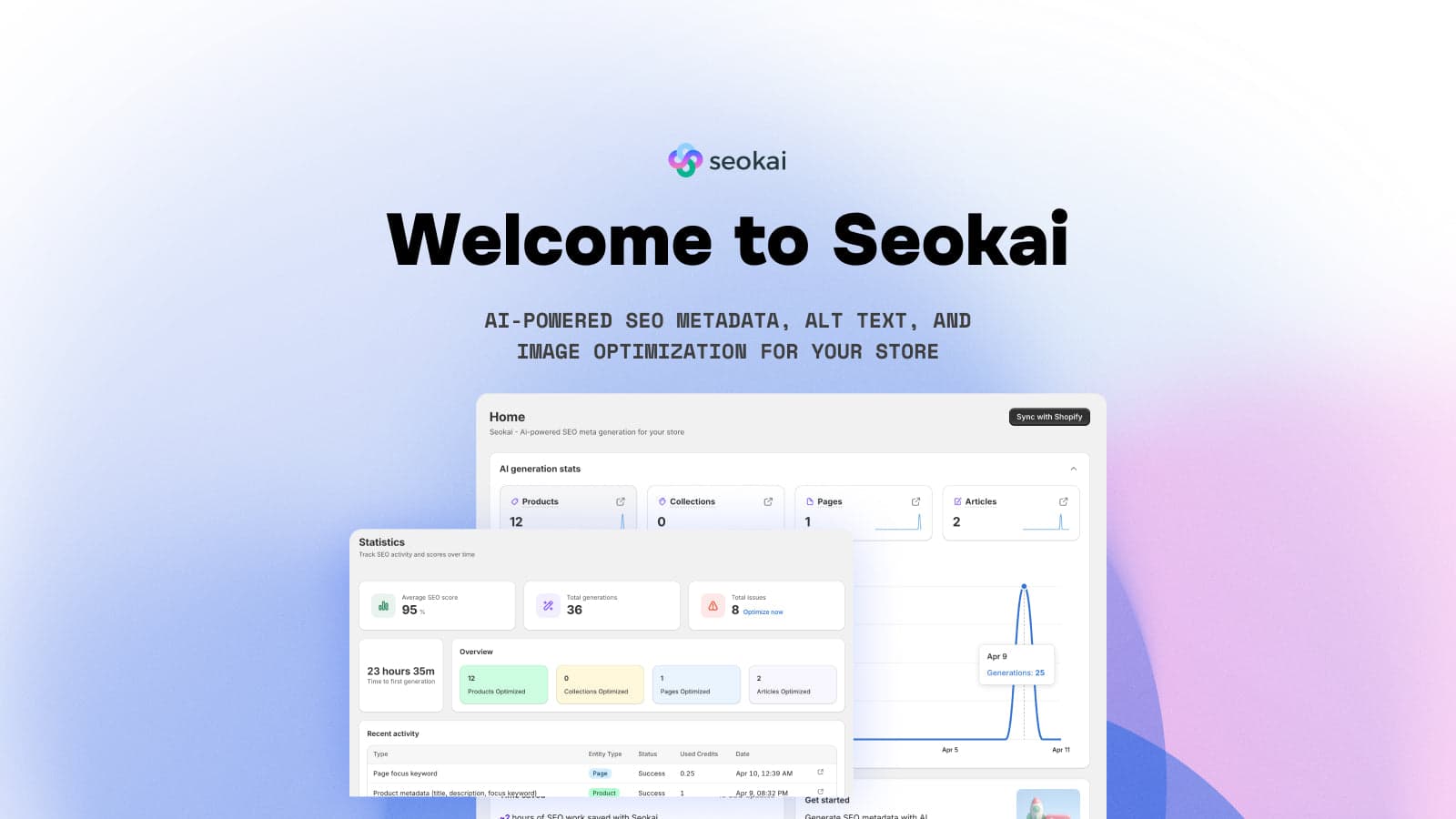 Seokai AI SEO agent dashboard with generation stats