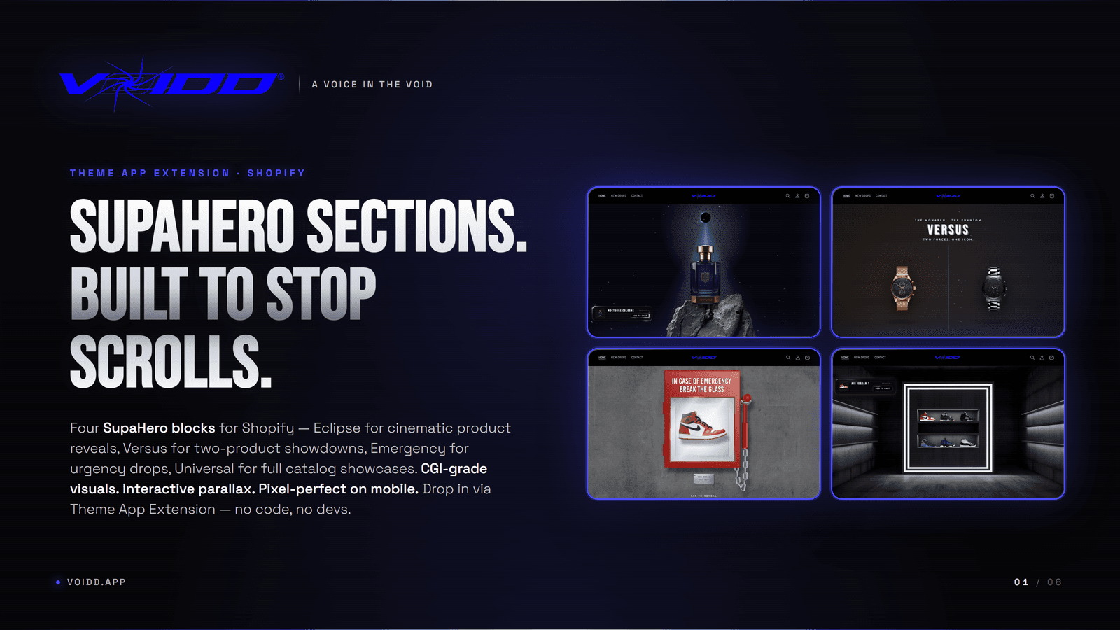 Four VOIDD SupaHero sections built for Shopify themes
