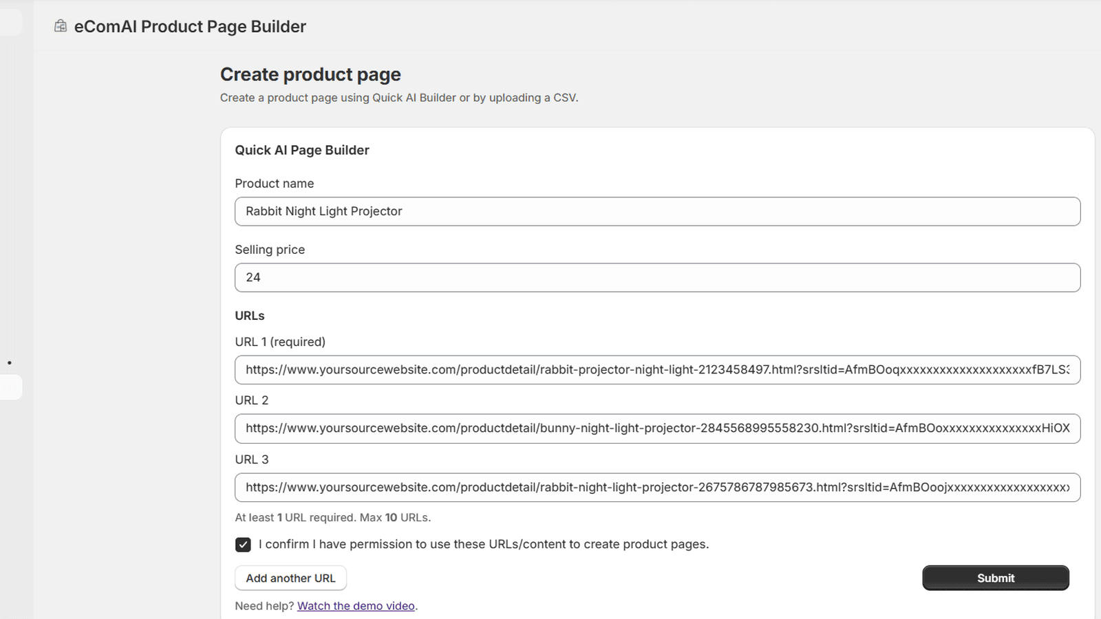 eComAI Quick Page Builder to generate a new product page