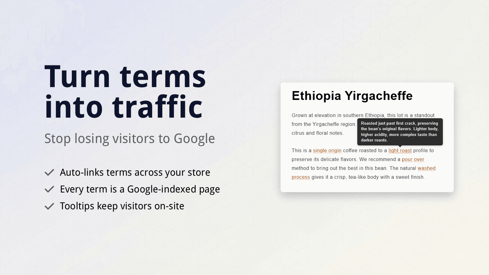 Auto-linked terms on a product page with tooltip visible