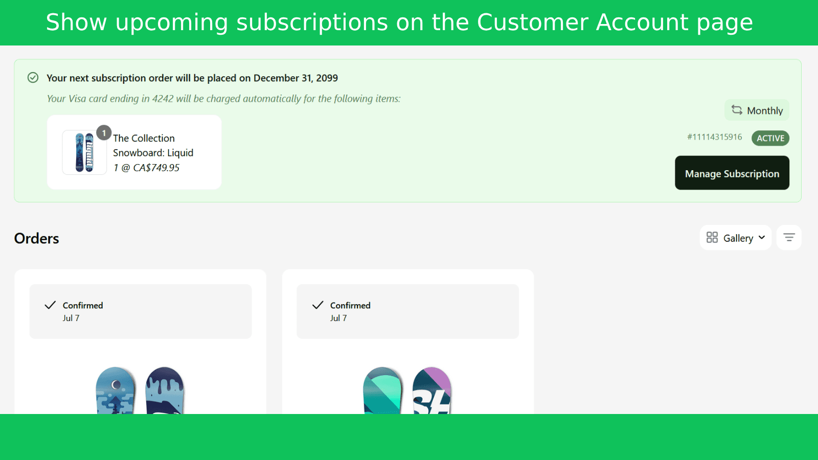 Active subscriptions widget on account page