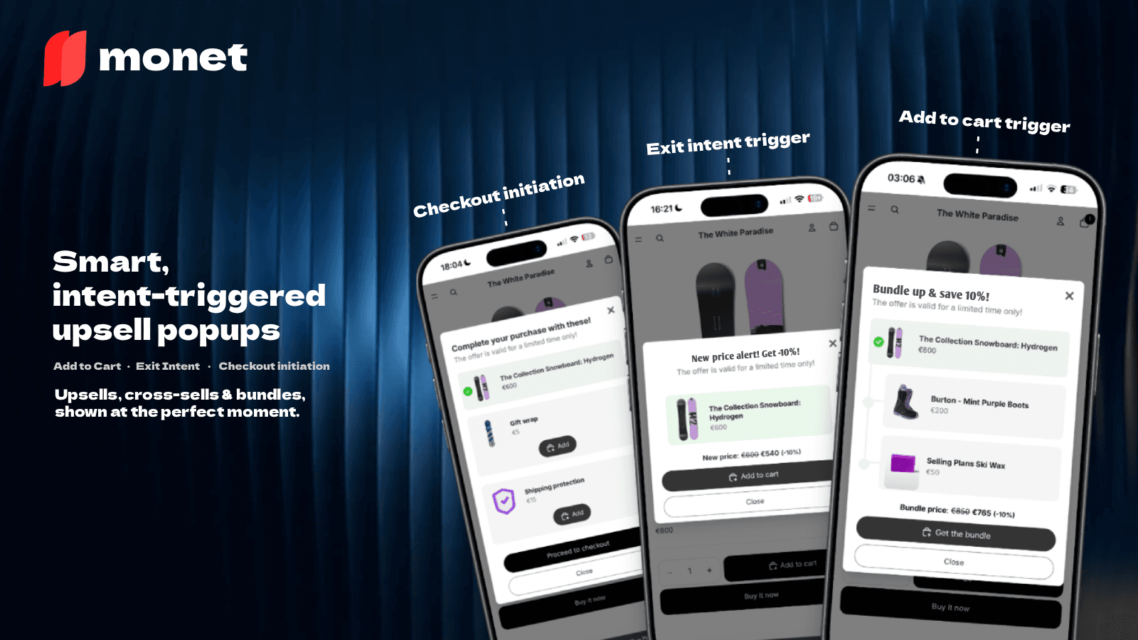 Monet, Shopify AI Popup upsell bundles, triggered by events