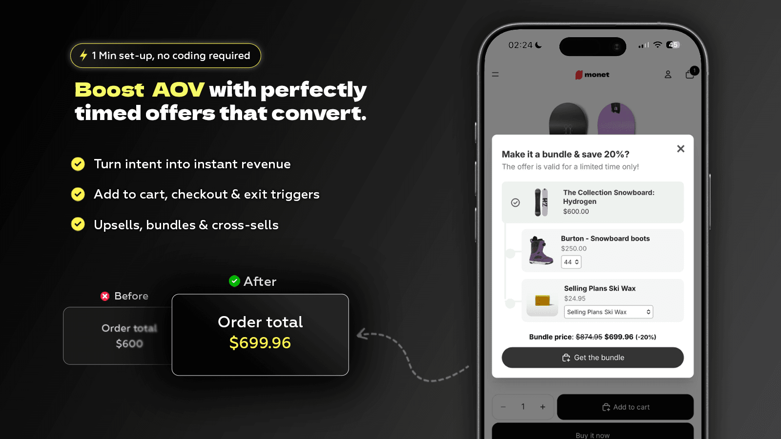 Monet, Shopify AI Popup upsell bundles, triggered by events