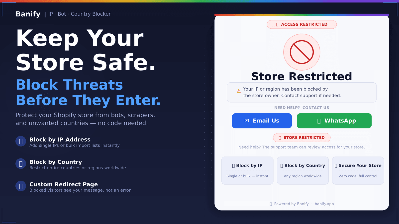 Banify blocks IPs & countries — Store Restricted page shown