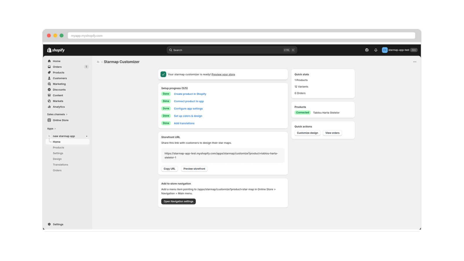 Starmap admin dashboard with setup steps and quick actions