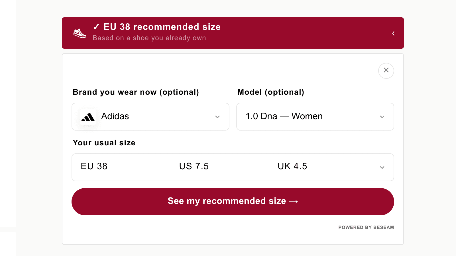 Beseam Sizing selection