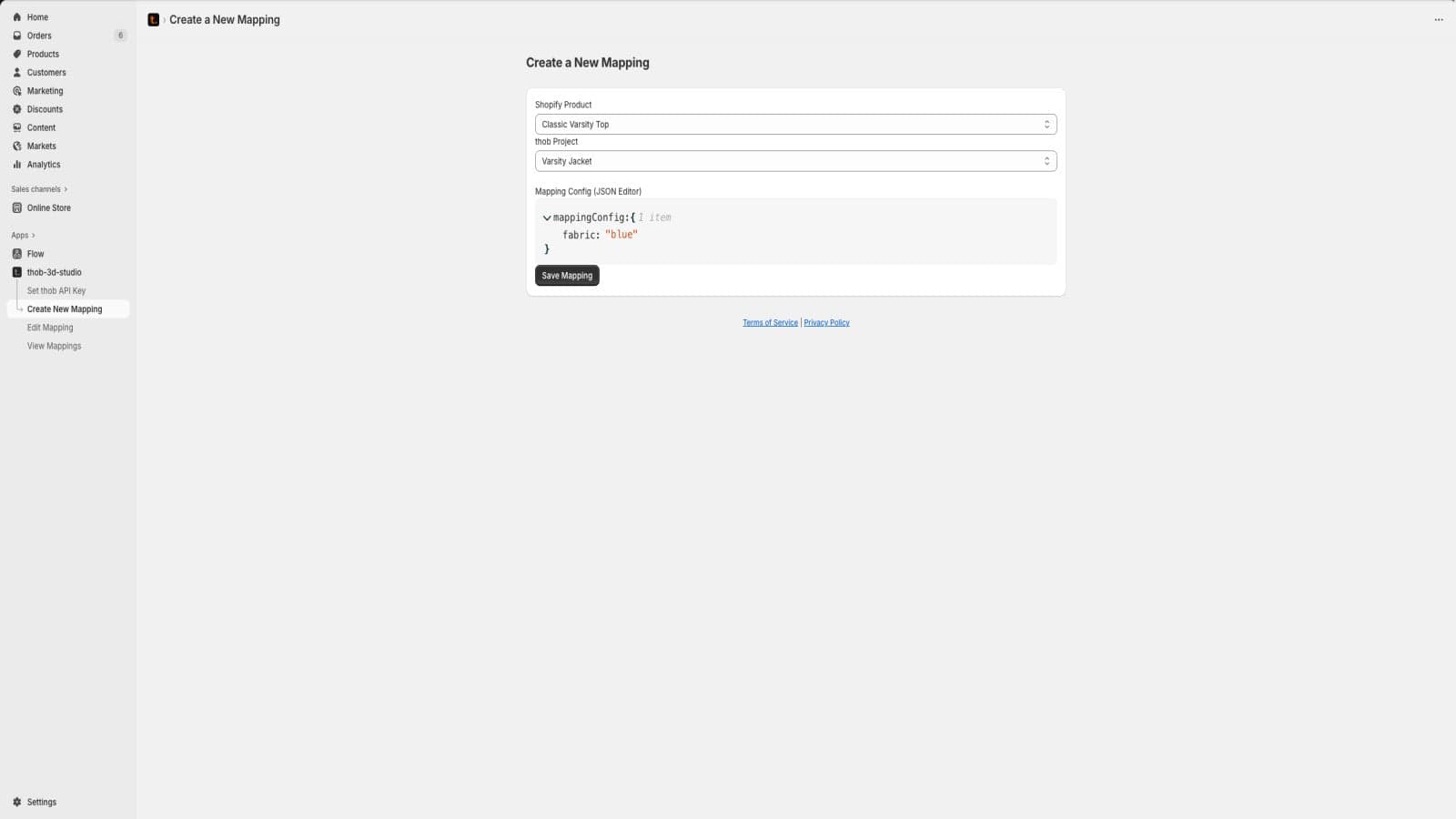 Mapping a thob project to a Shopify product within the app.