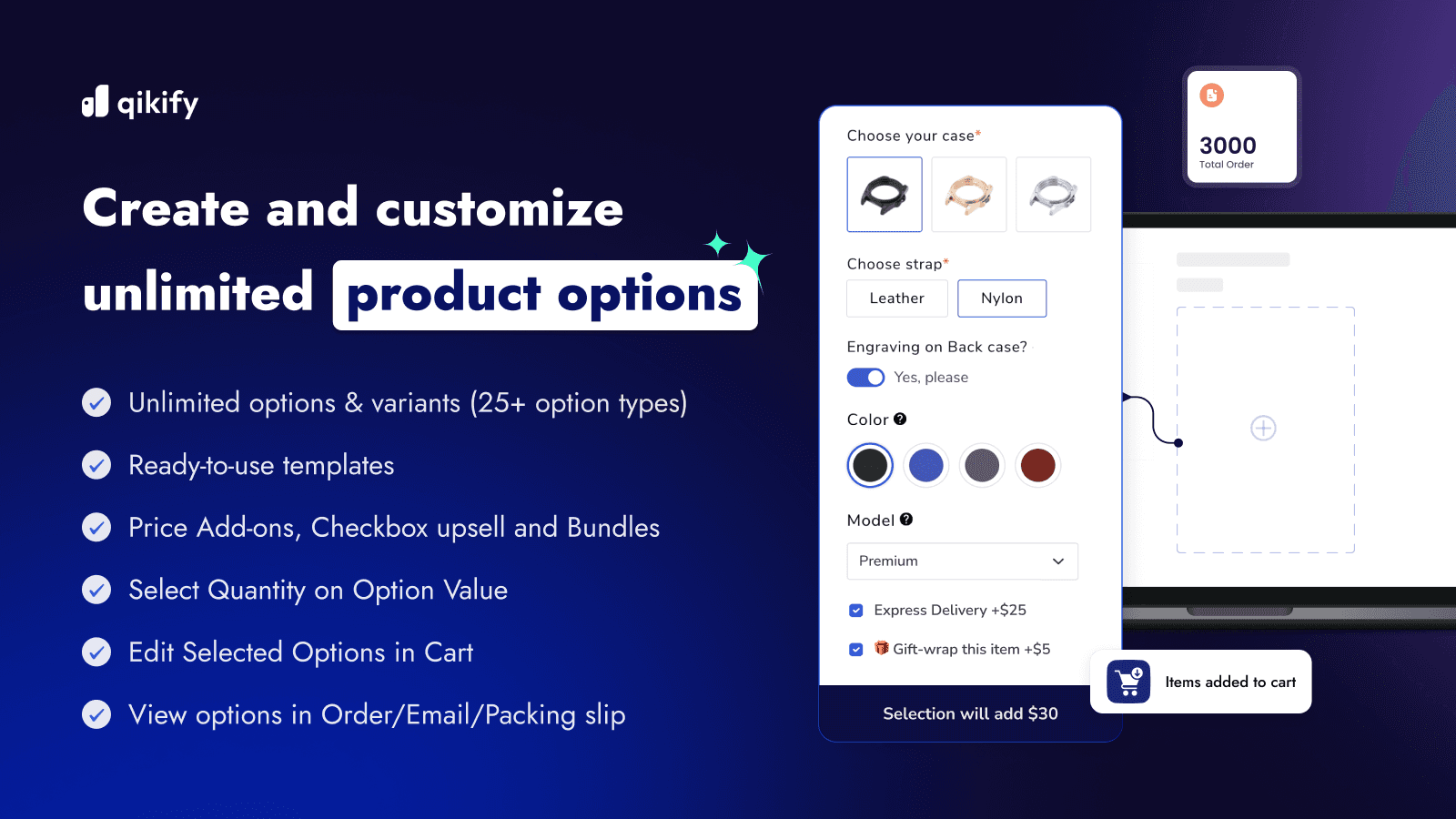 Unlimited product options with conditional logic & price add-ons