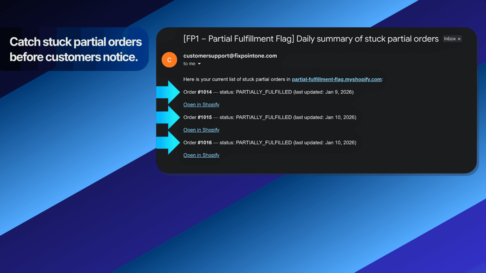 Daily summary email of stuck partial orders—open in Shopify.