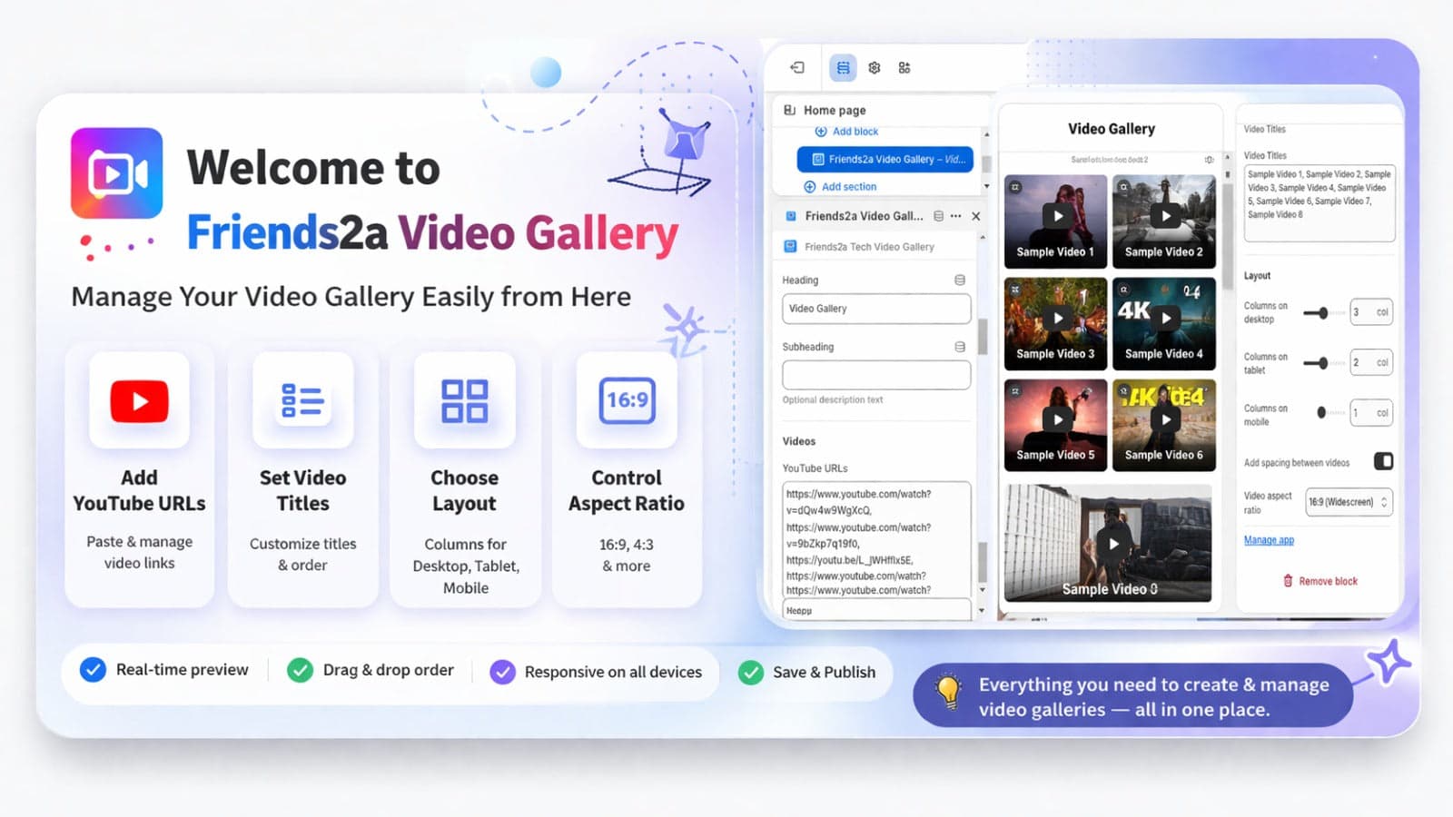 Video gallery builder with YouTube grid and layout controls