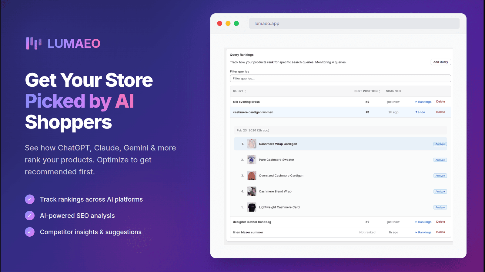 Screenshot of Lumaeo dashboard - get your store picked by AI.