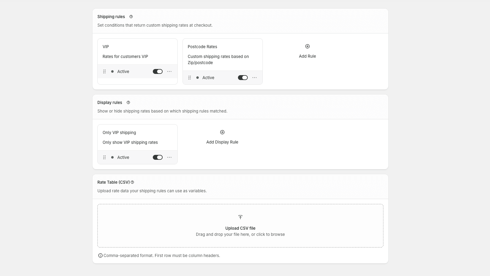 ShipLogic dashboard with shipping rules and CSV sections