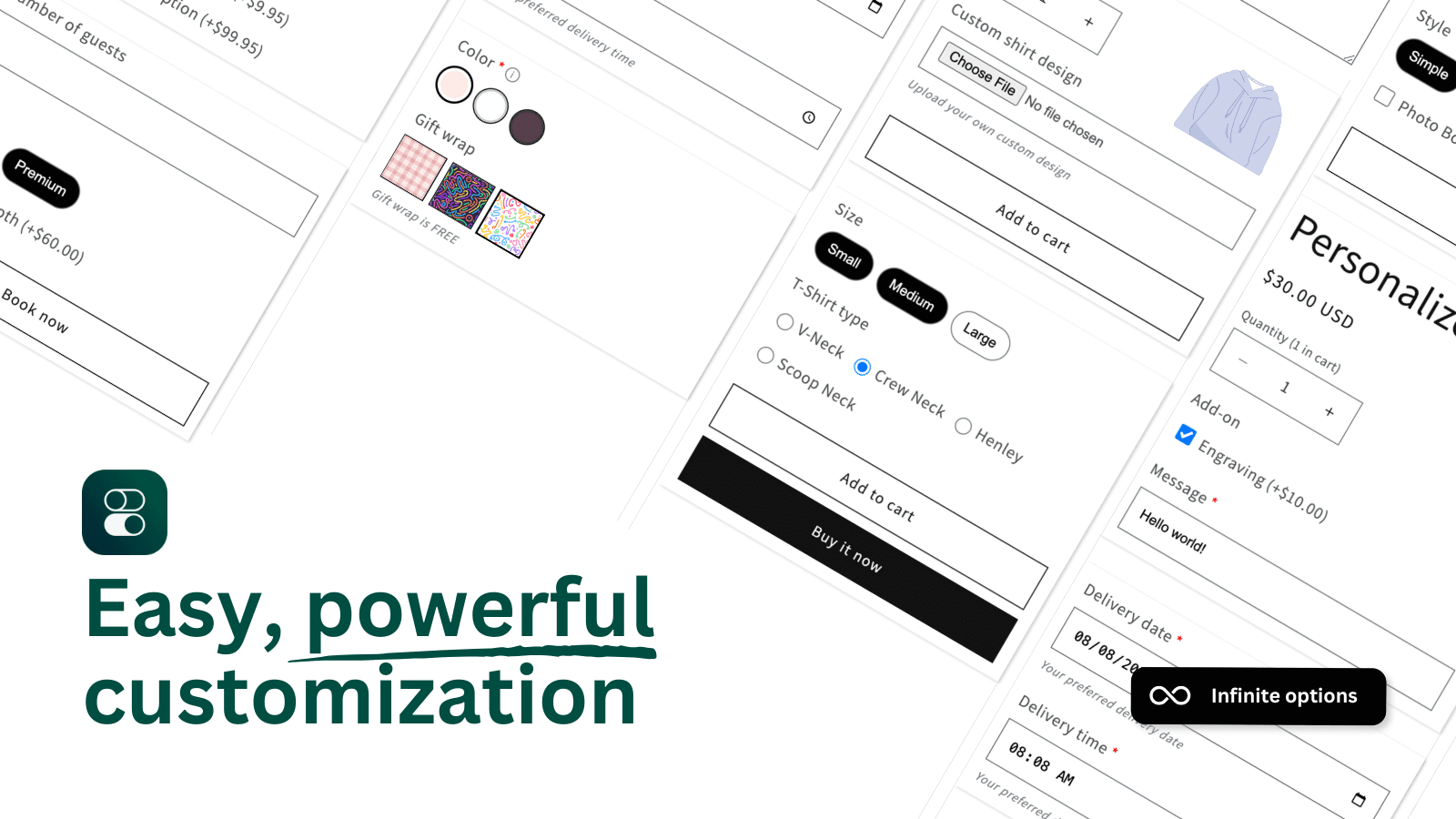 Custom product options, unlimited variants, color swatch