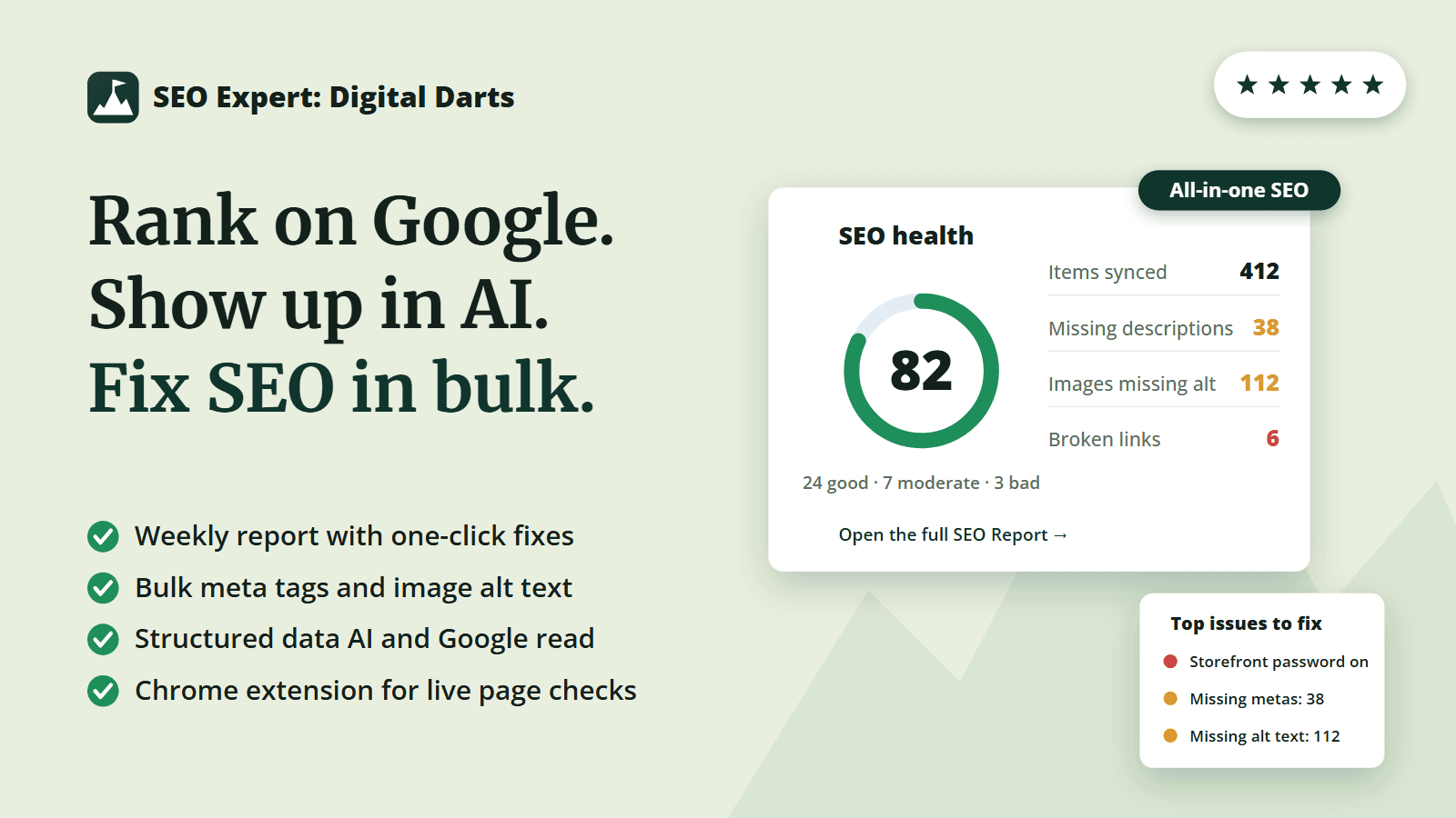 SEO Expert dashboard with SEO score, issues and stat cards